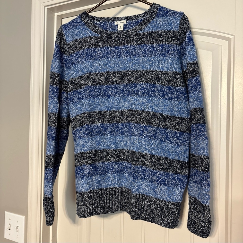 LL Bean Womens Sz Med Sweater Blue Striped Pullover Crew Neck Knit 100% Cotton